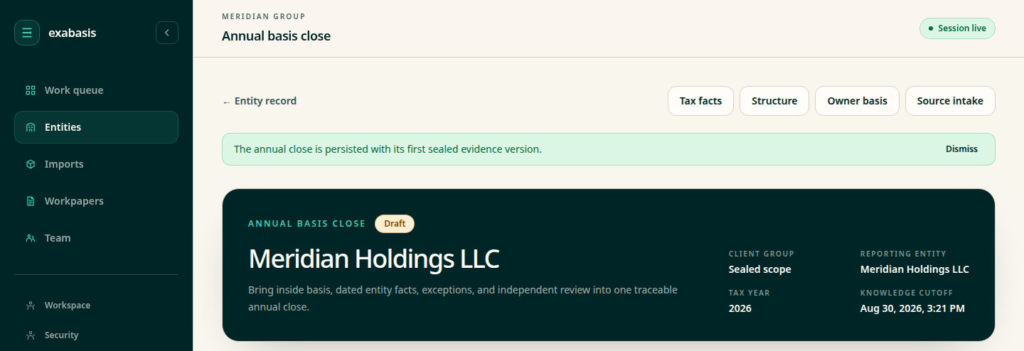 An Exabasis annual basis close showing the reporting entity, tax year, knowledge cutoff, and sealed scope